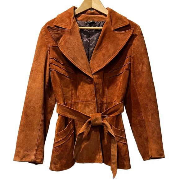Vintage Suede Leather Jacket Burnt Orange Belted Suede Coat Size Medium 13/14 - Picture 3 of 17